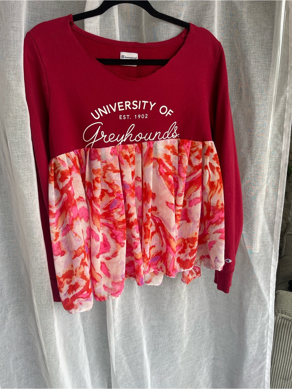 Upcycled Champion XL Burgundy Sweatshirt with Pink & Orange Chiffon Peplum OOAK